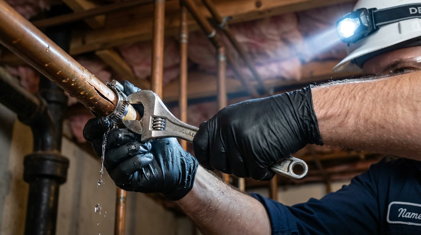 Emergency pipe clamp repair being performed by a Johns Plumbing LLC plumber in Piedmont