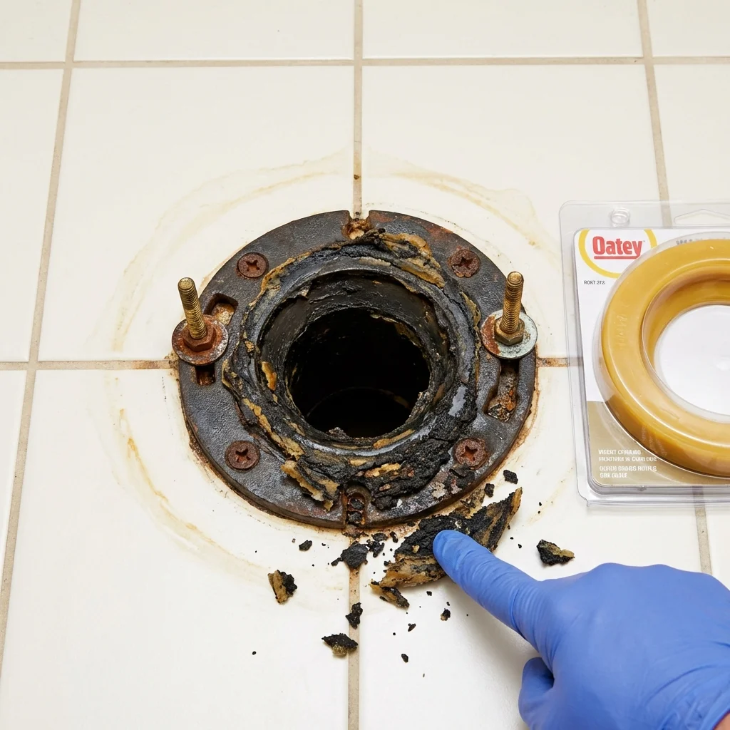 Failed wax ring showing water seepage at the base of a toilet in a Piedmont, SC home